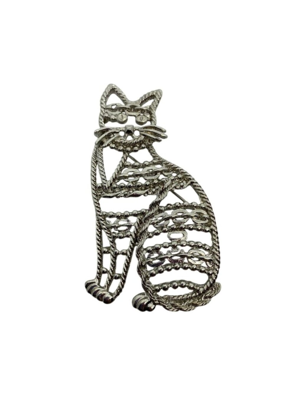 Vtg Cat Silver-Tone Metal Brooch Openwork Design 3" Elegant Statement Pin